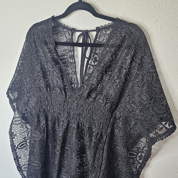 Black Lace Womens Swim Cover Tie Strings Tassels V Neck Elastic Waist - Picture 2 of 8